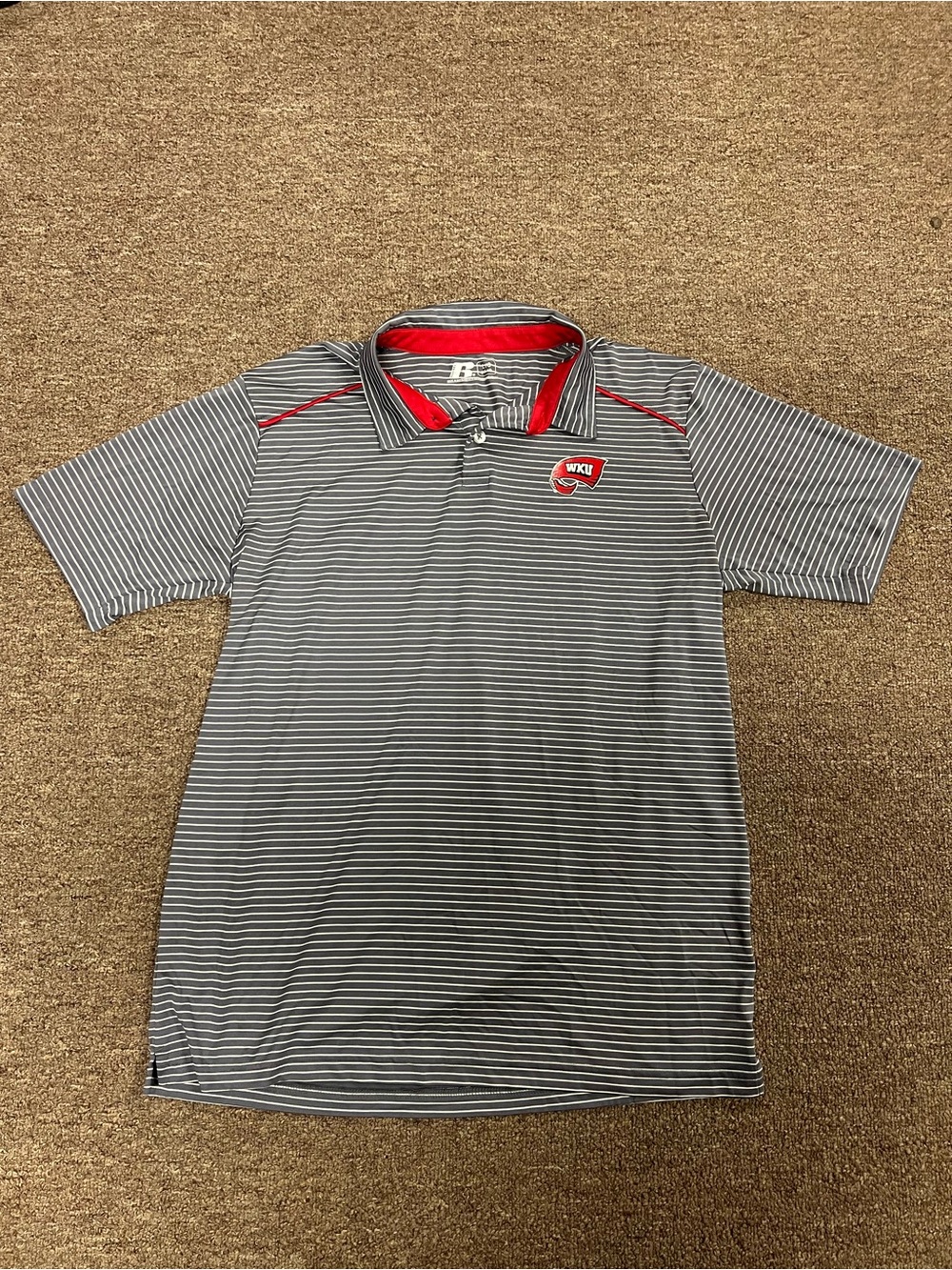 Russell Athletic Gray & White Striped Polo with Red Accents